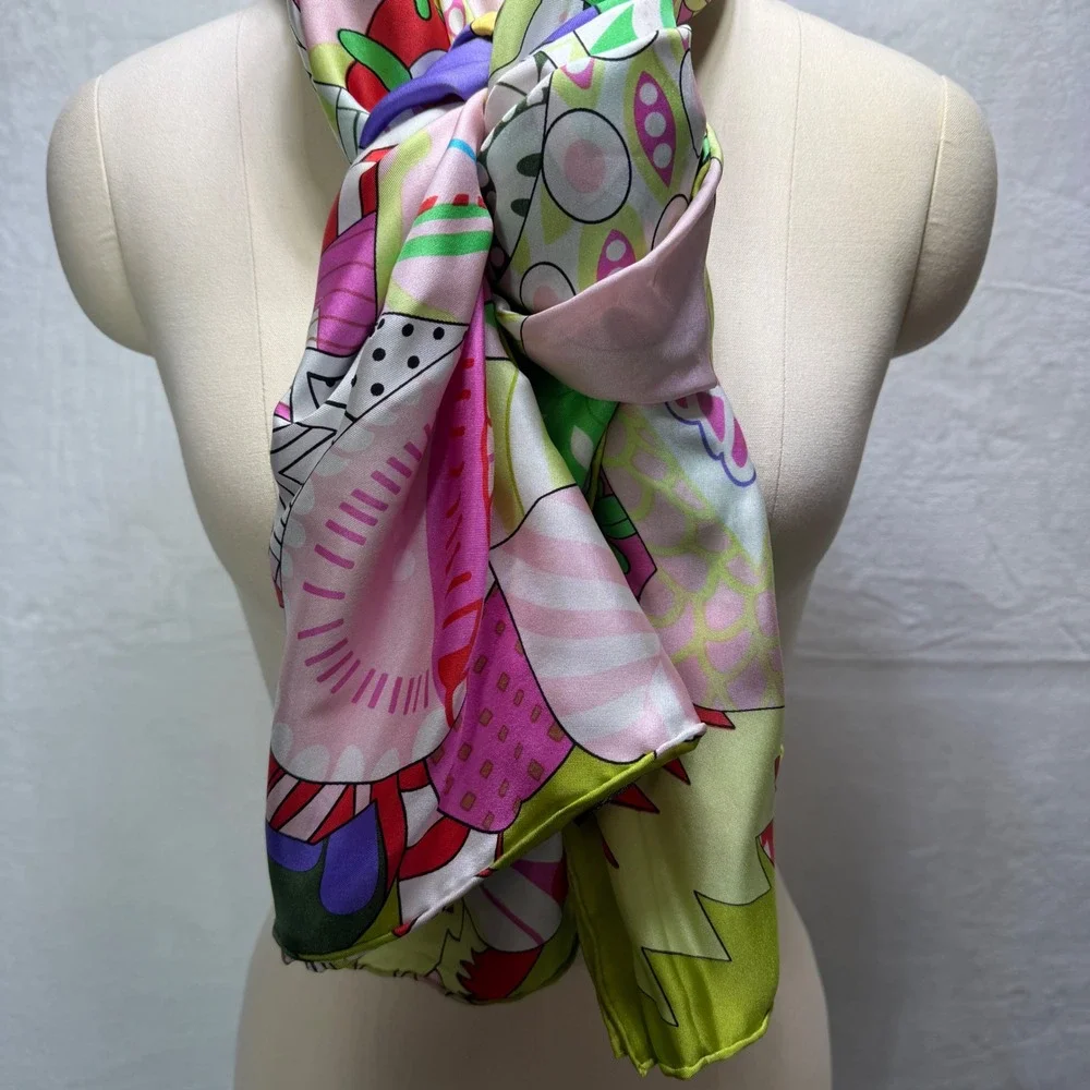 Large‎ Psychedelic Floral Silk Scarf Lime Green Pink Geometric 53x53 Made France